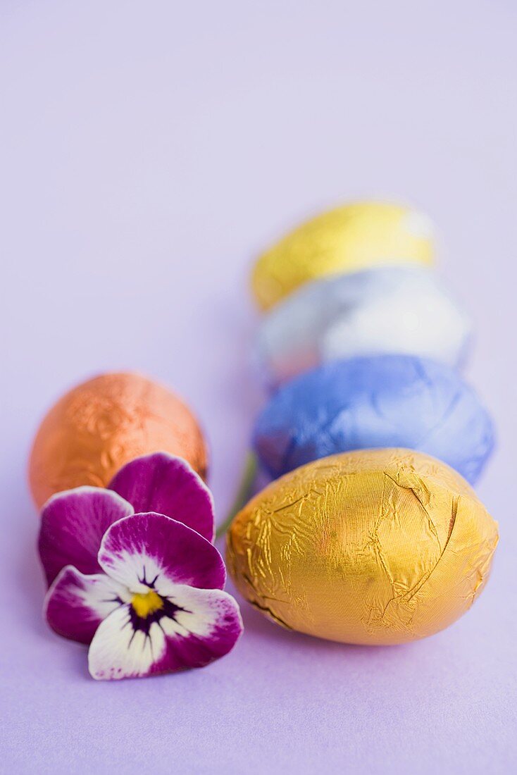 Chocolate eggs in foil, with pansy