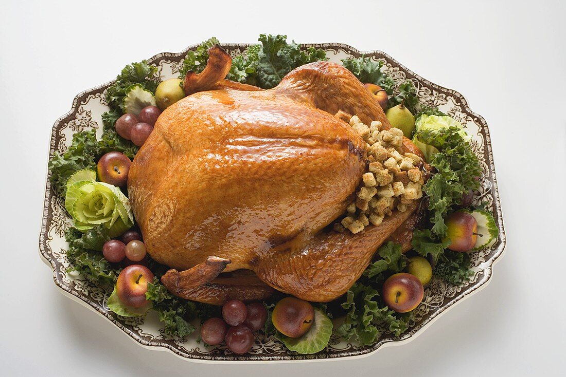 Stuffed turkey on platter (overhead view)