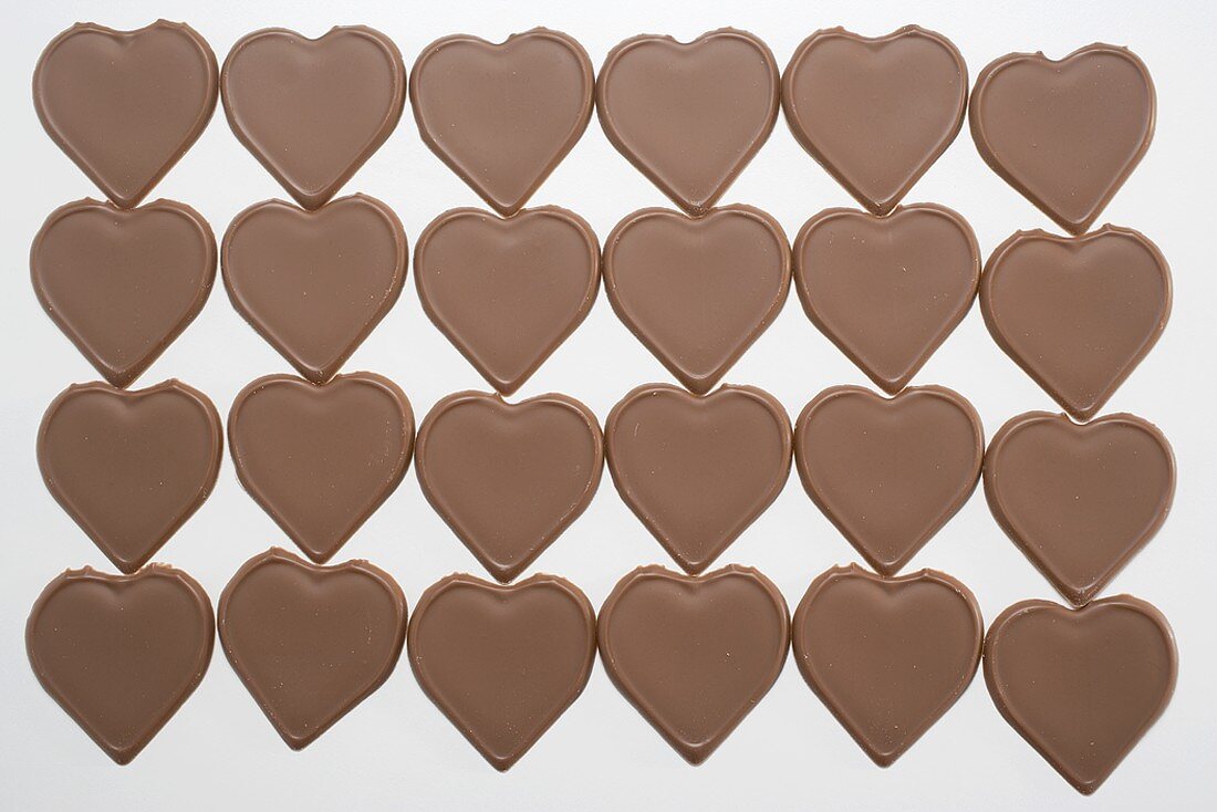 Chocolate hearts in four rows