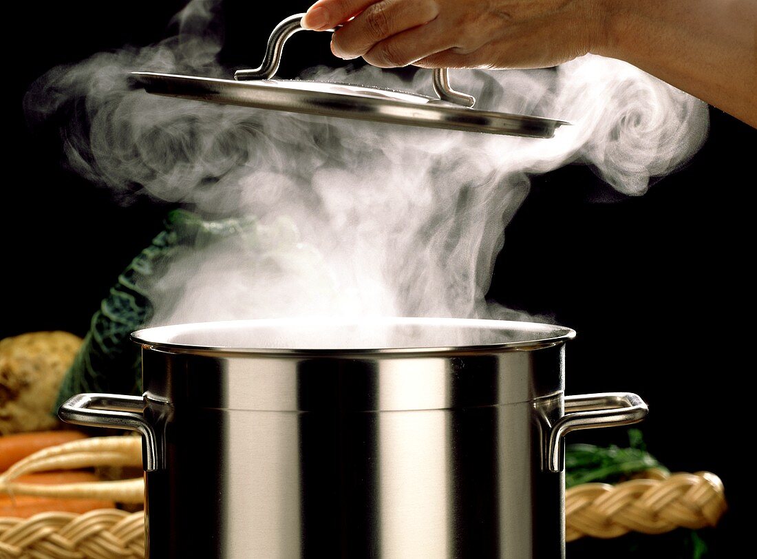 Hand Lifting Lid of Steaming Stock Pot