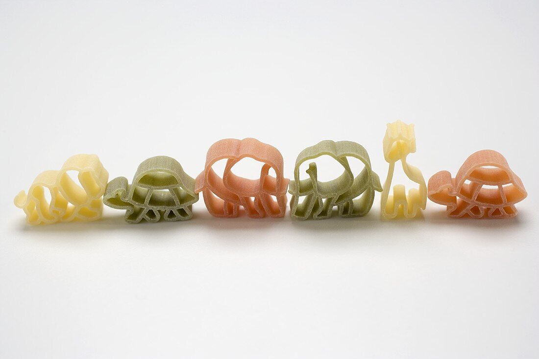 Coloured animal-shaped pasta in a row