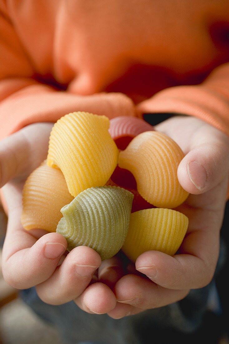 Child's hands holding coloured lumaconi