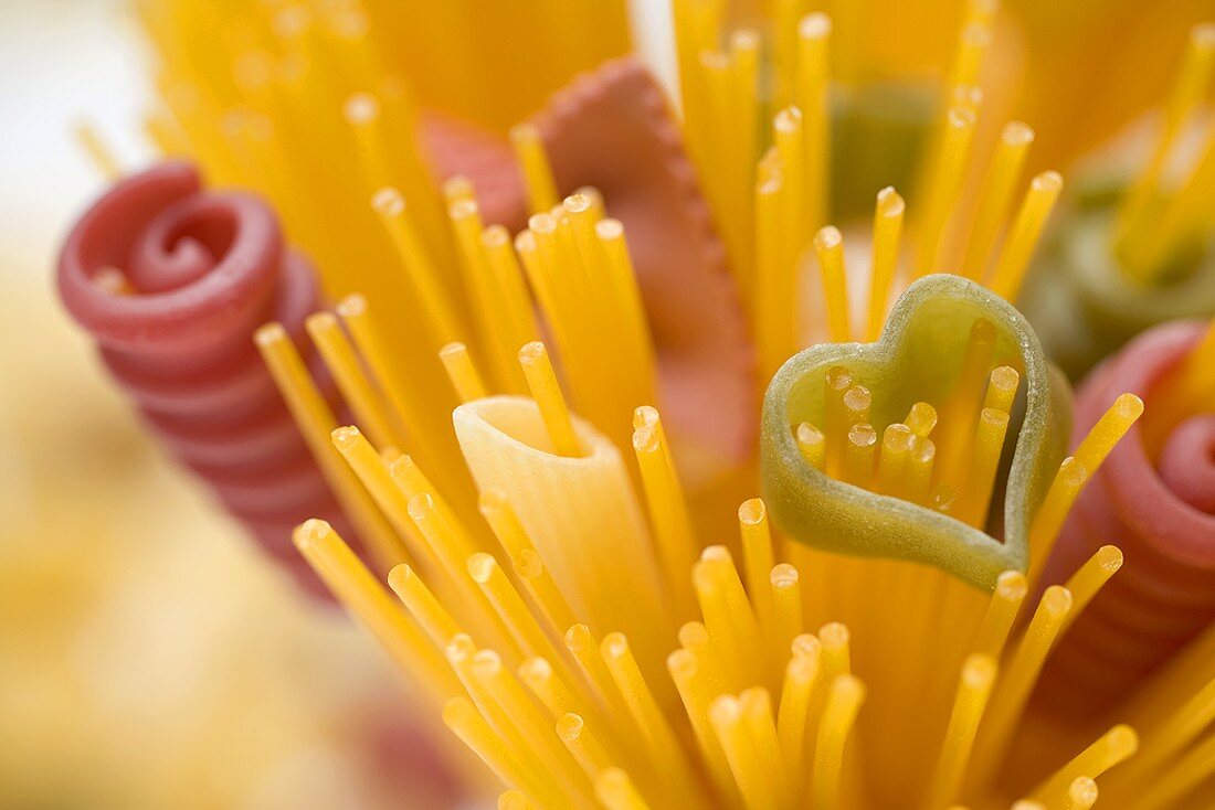 Spaghetti and coloured pasta (detail)
