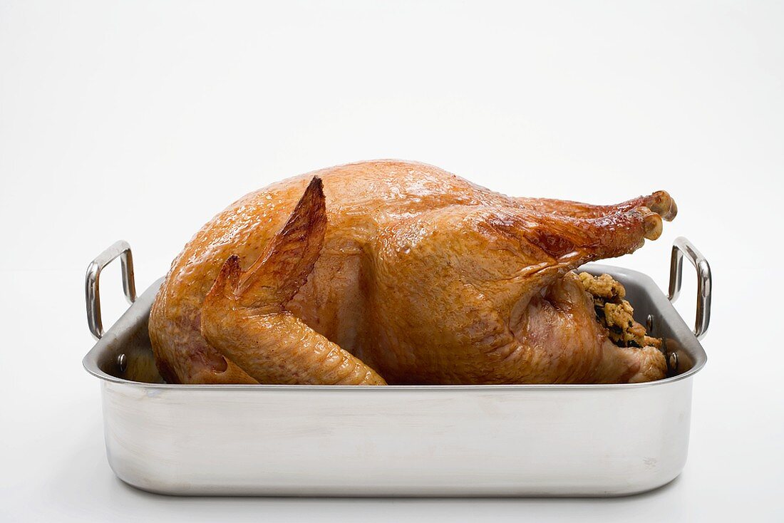 Stuffed roast turkey in roasting tin