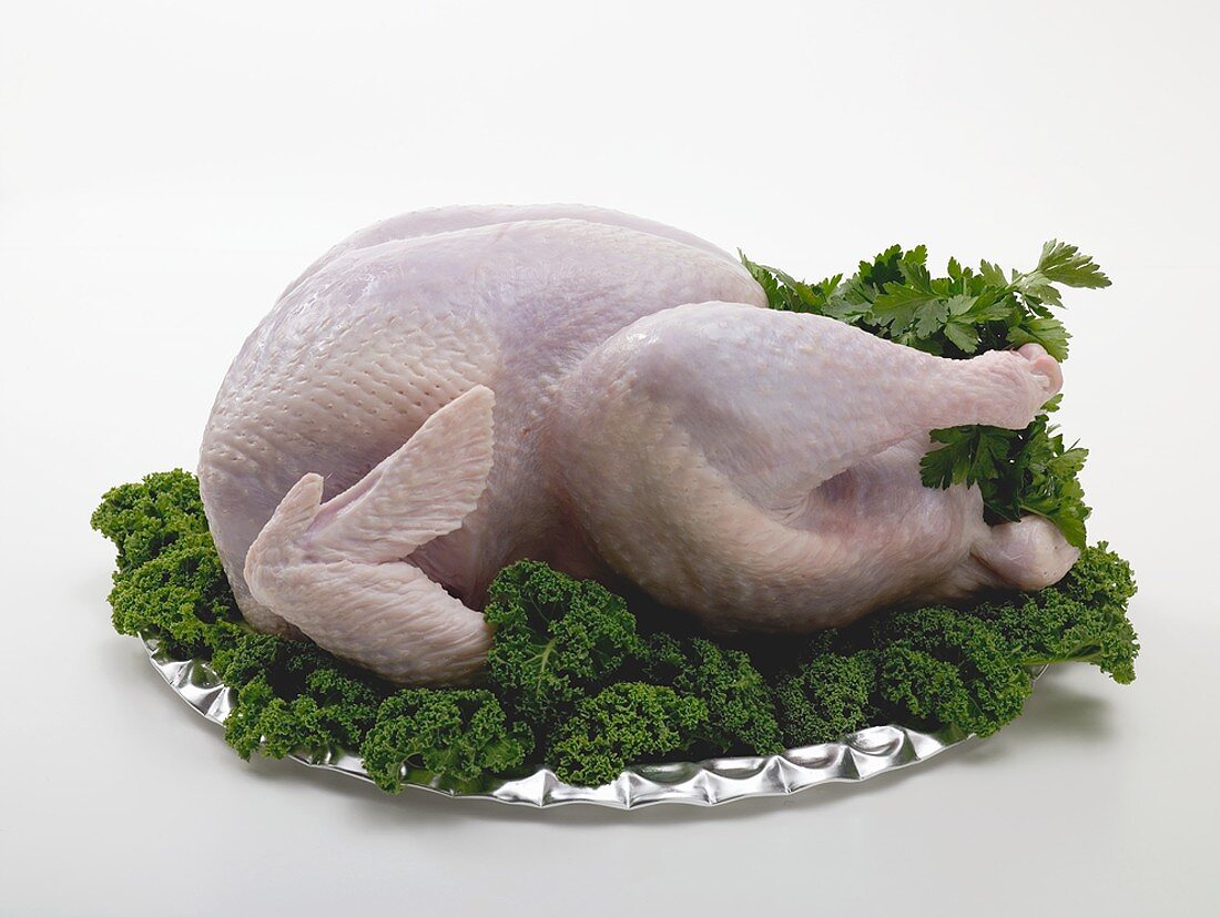 Fresh turkey garnished with parsley on platter