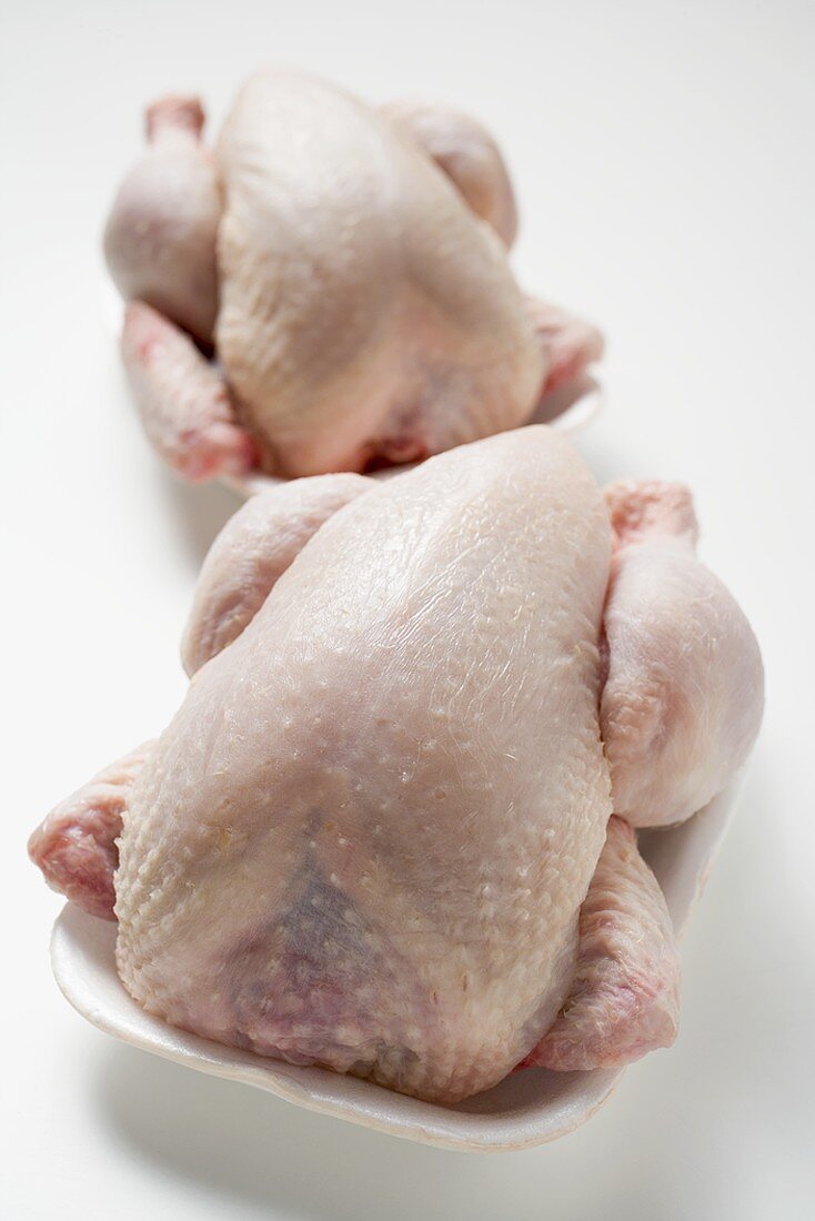 Two fresh chickens on polystyrene trays