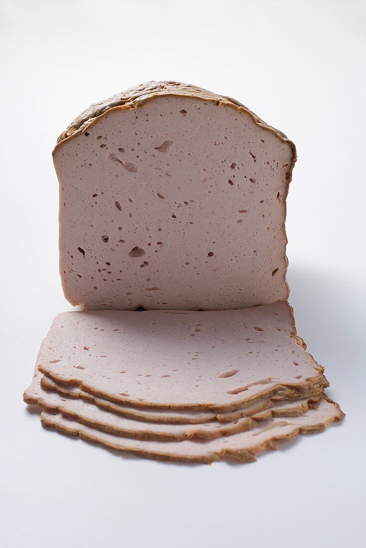 Leberkäse (a type of meatloaf), partly sliced