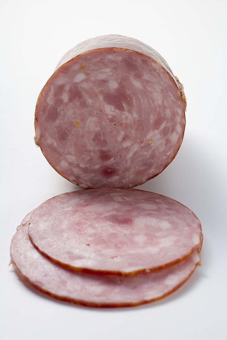 Schinkenwurst (ham sausage) with slices cut