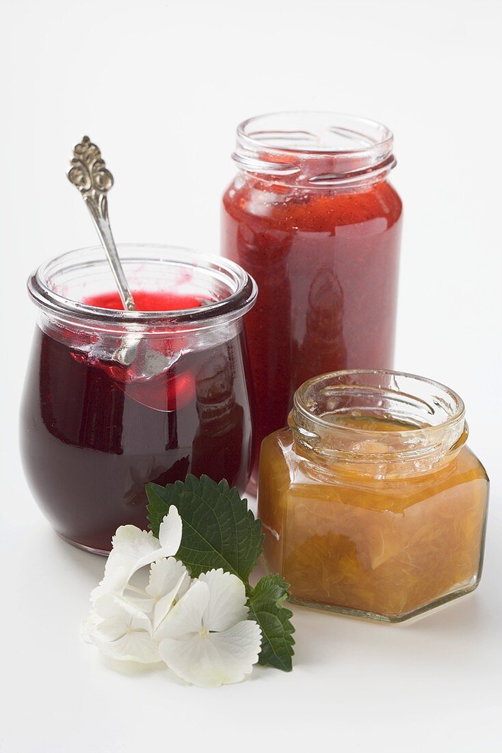 Three different jars of jam