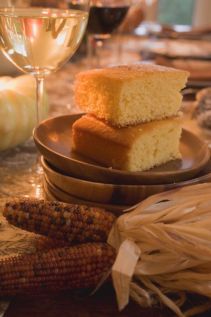 Cornbread on table laid for Thanksgiving (USA)