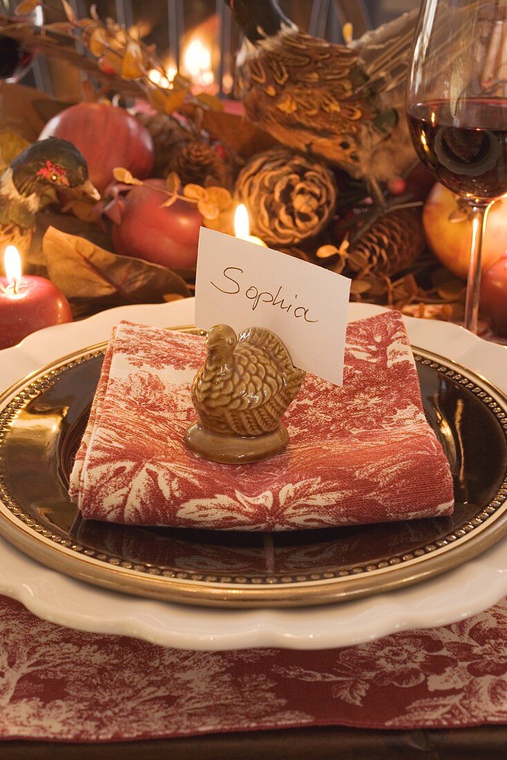 Festive place-setting with place card for Thanksgiving (USA)