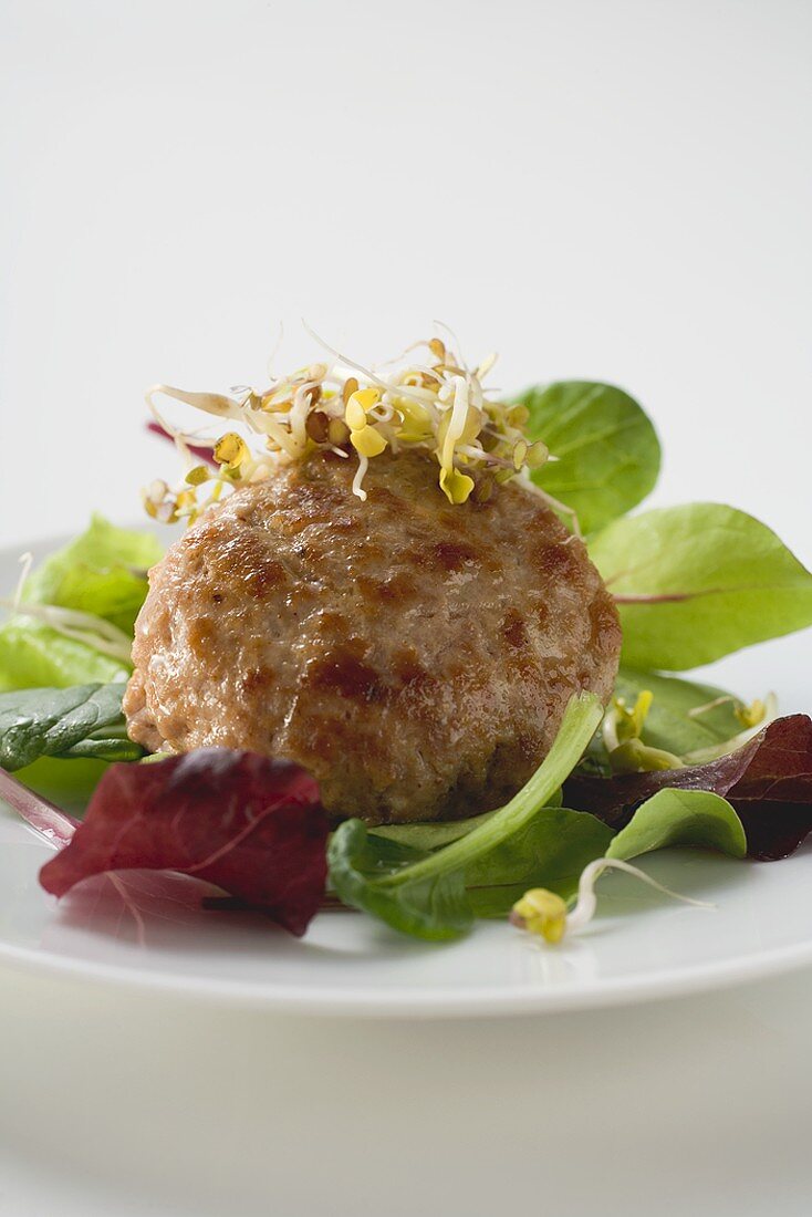 Meat patty with sprouts on salad leaves