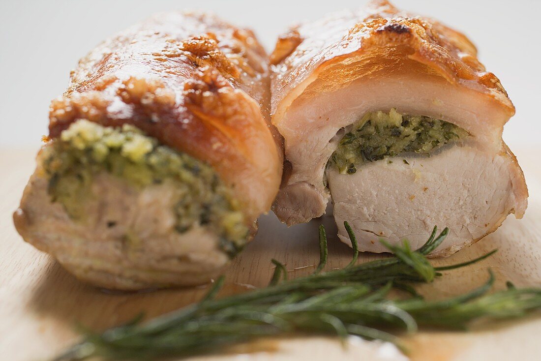 Roast pork with crackling and herb stuffing