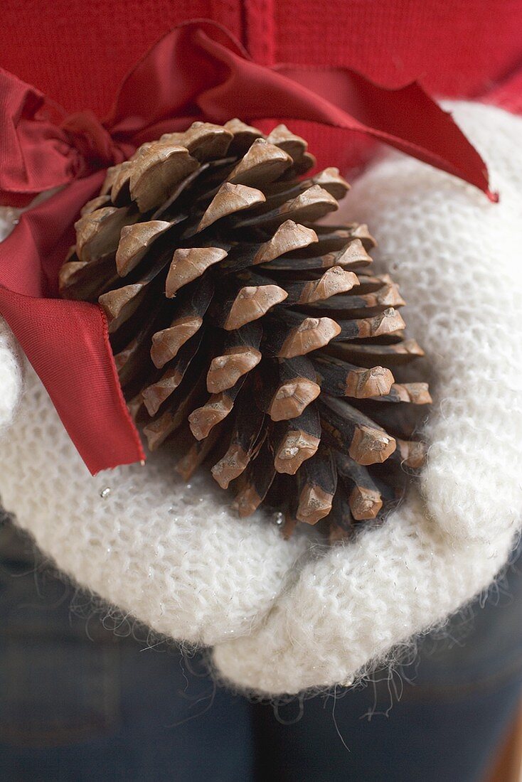 Hands in mittens holding cone with red bow