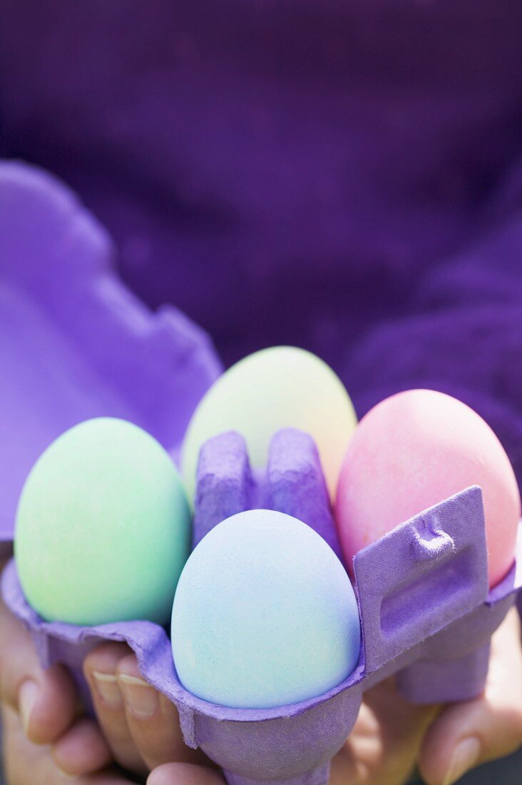 Hände halten Eierkarton mit gefärbten Eiern