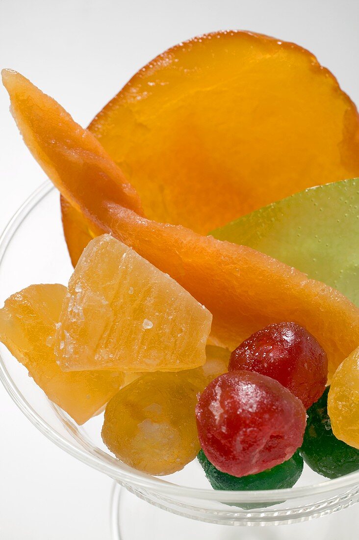 Assorted candied fruit in glass bowl