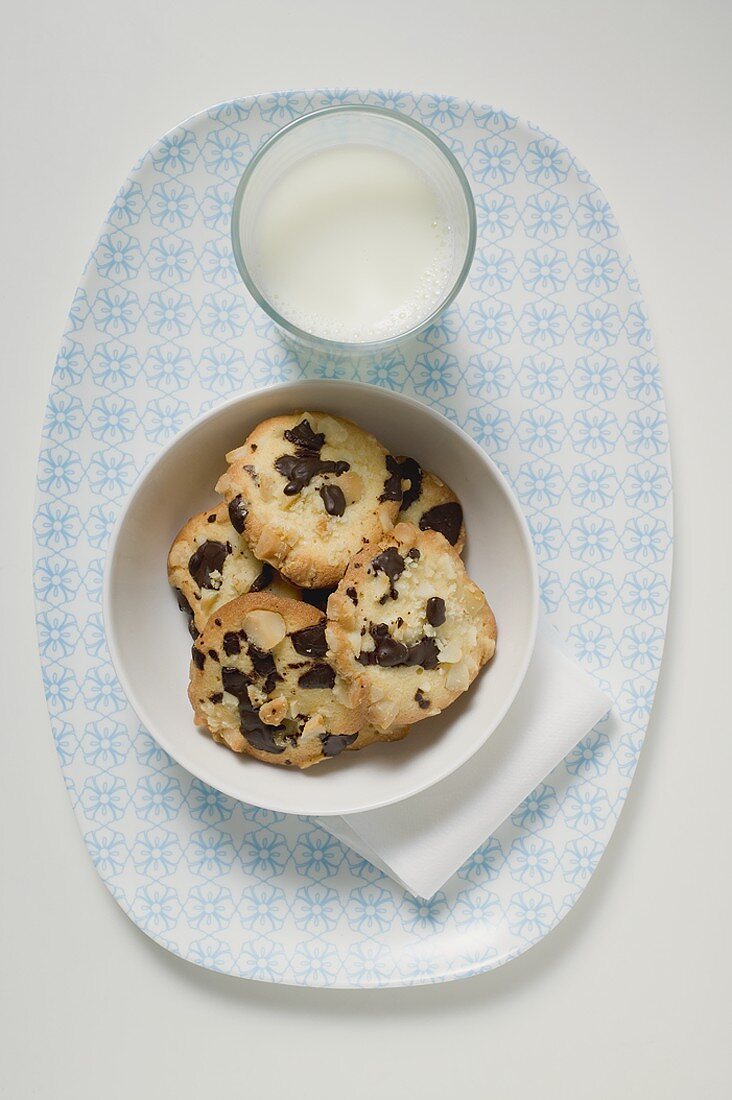 Chocolate chip peanut cookies and glass of milk