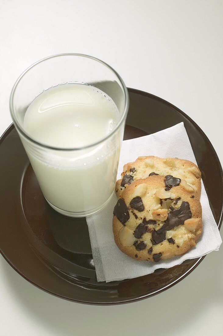 Chocolate Chip Peanut Cookies und Glas Milch