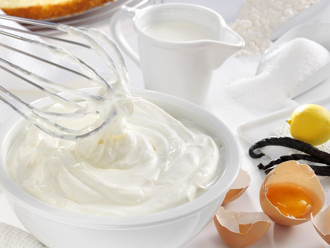 Whipped cream and various baking ingredients