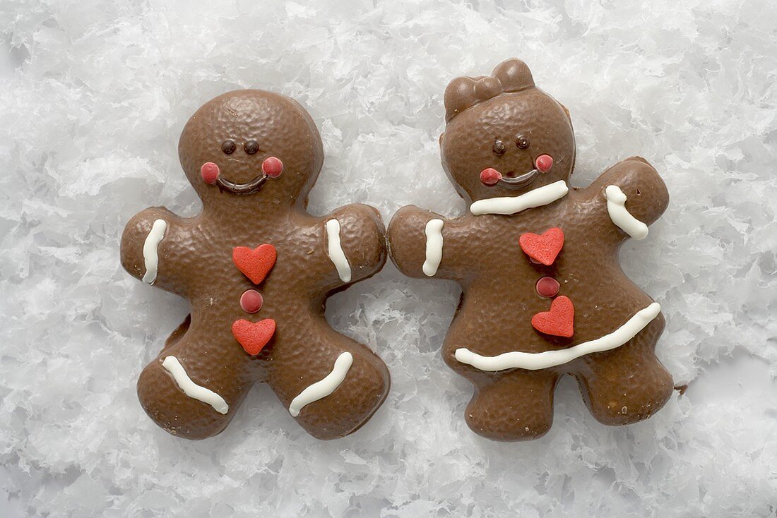 Two Christmassy chocolate-coated gingerbread people in the snow