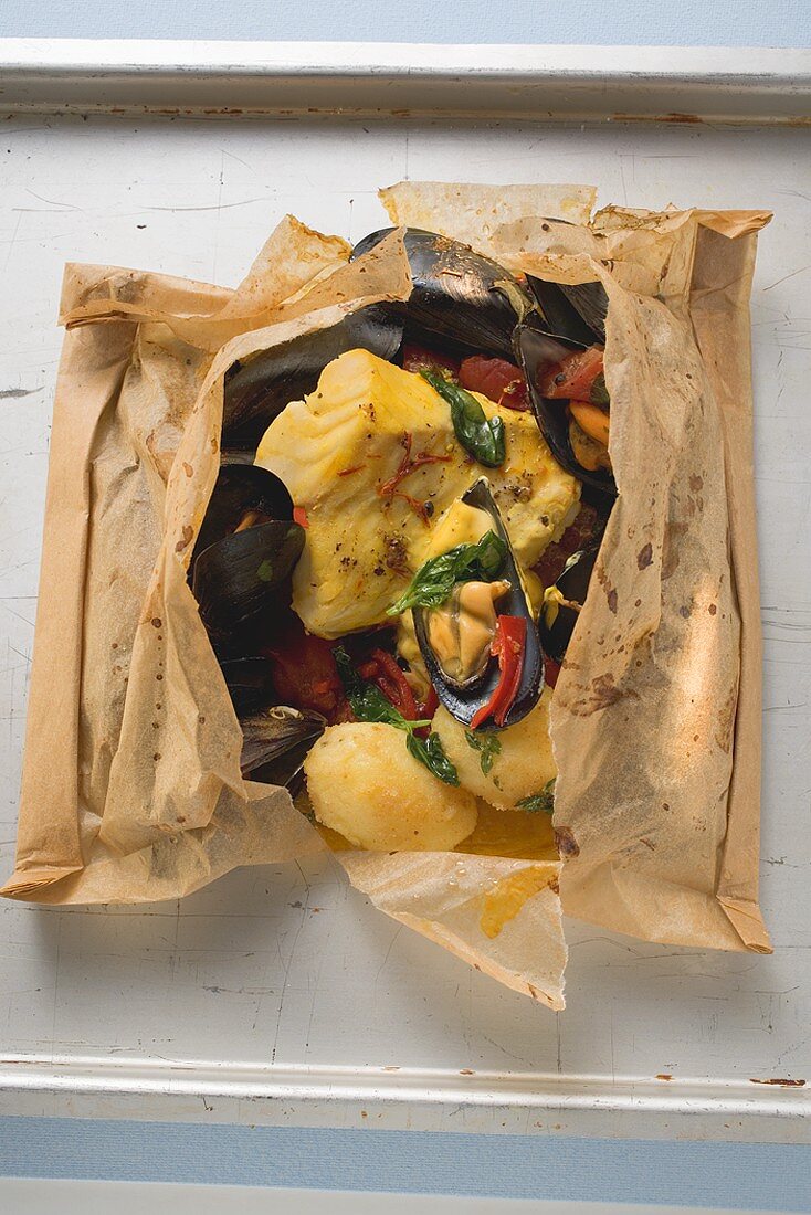 Fish and mussels in baking parchment