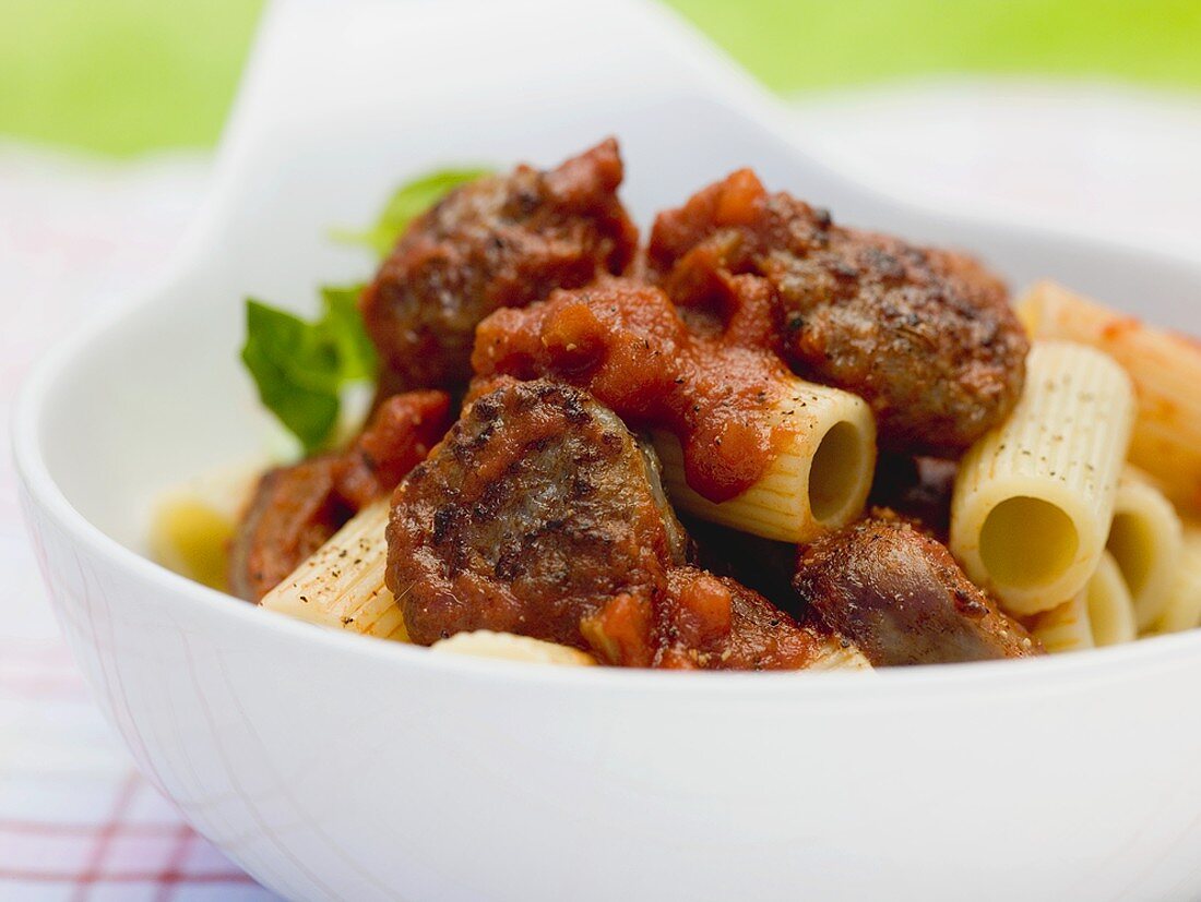 Rigatoni mit Bratwurst und Tomatensauce