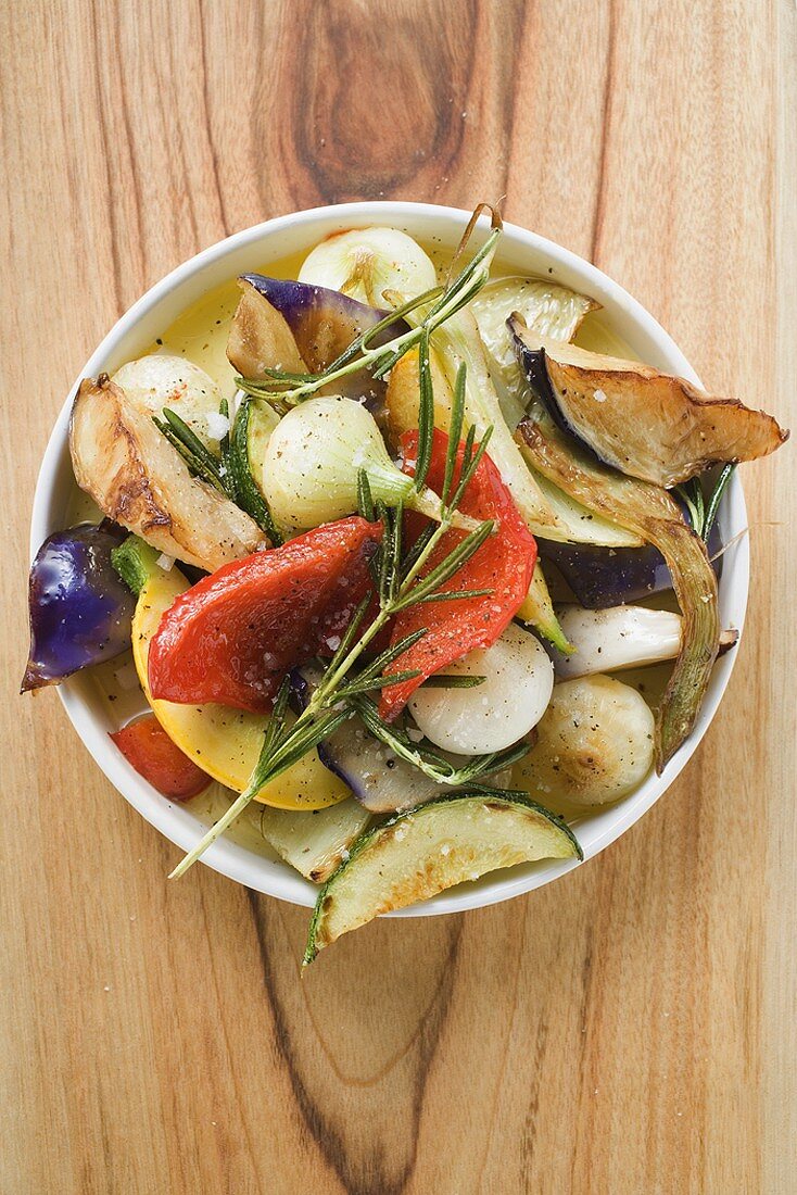 Roasted vegetables with rosemary (overhead view)