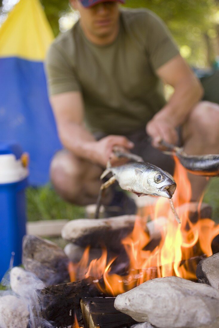 Mann grillt Fische auf Lagerfeuer
