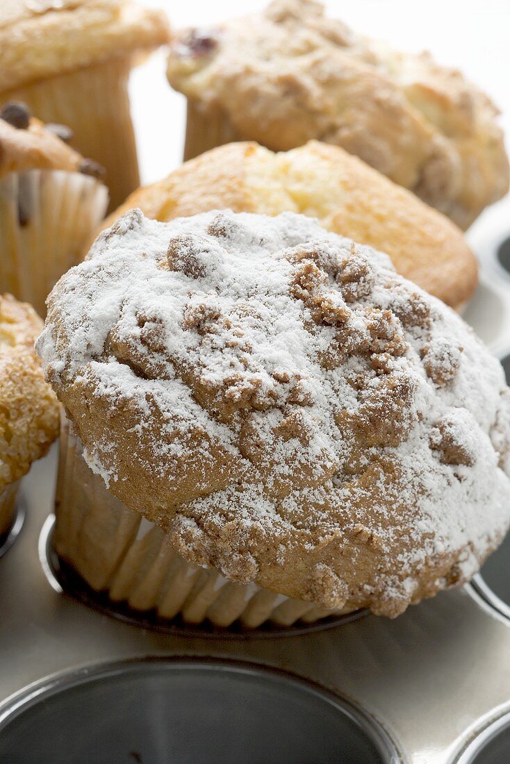 Verschiedene Muffins im Muffinblech, eines mit Puderzucker