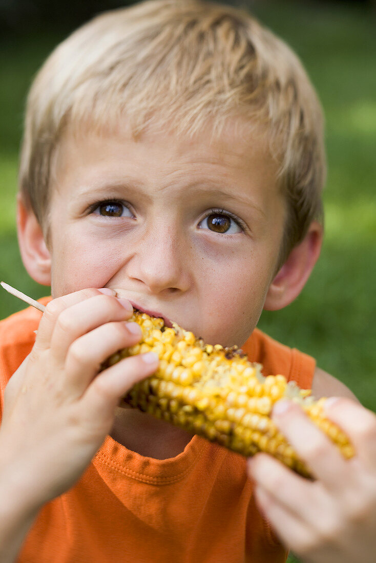 Small boy eating grilled corn on the cob