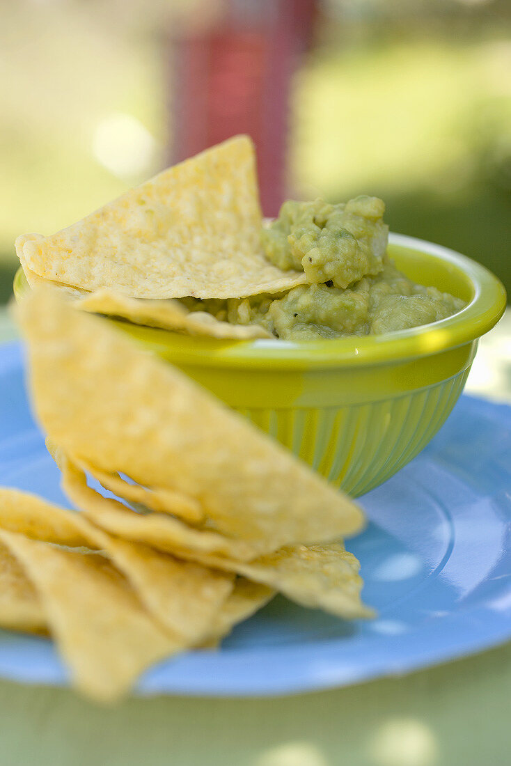 Guacamole mit Tortillachips in grüner Schale