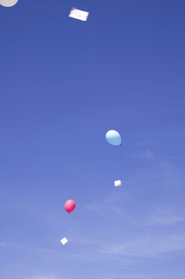 Luftballons mit Briefen schweben am Himmel