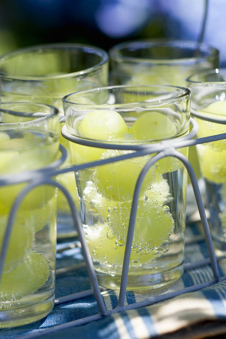 Glasses of water with green grapes in a glass carrier
