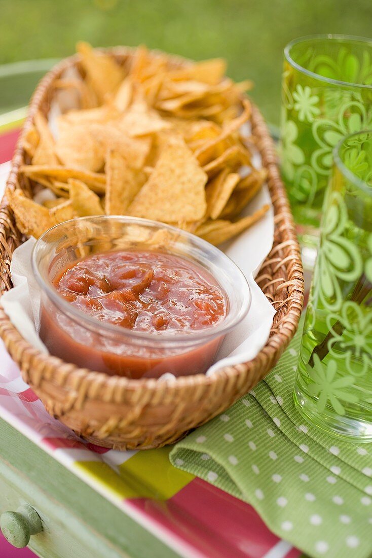 Tortillachips und Salsa auf Gartentisch