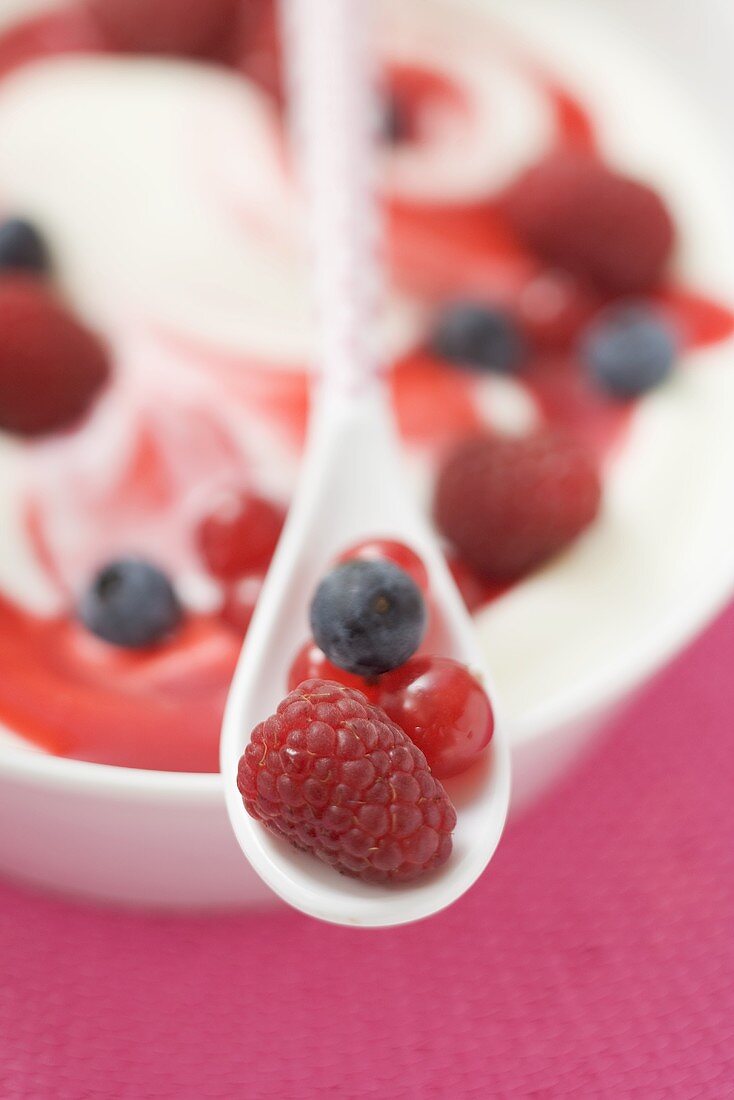 Yoghurt with fresh berries and spoon