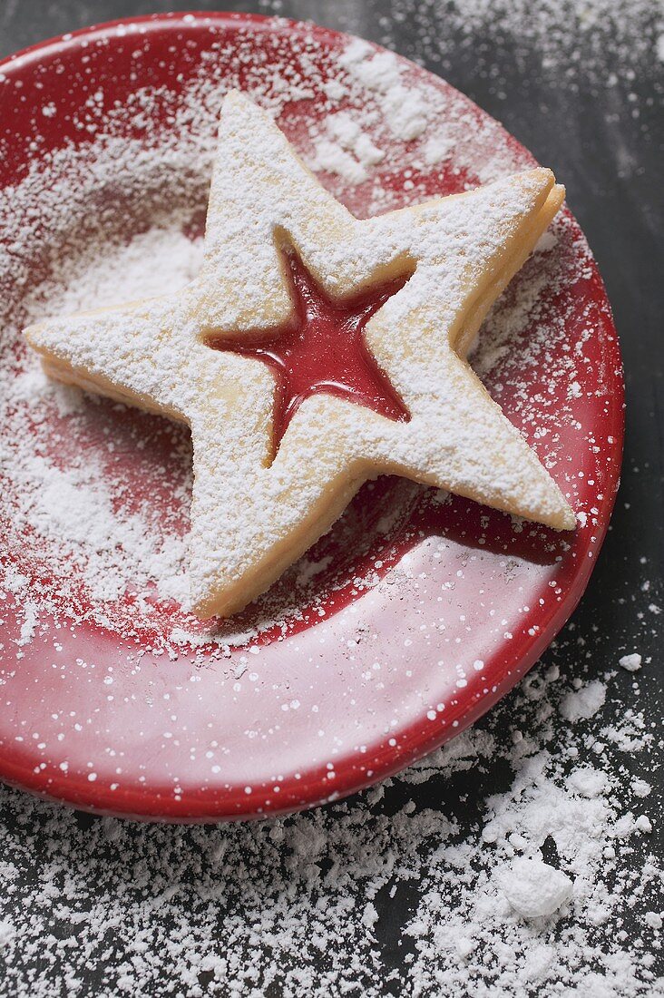 Jam biscuit with icing sugar on red plate
