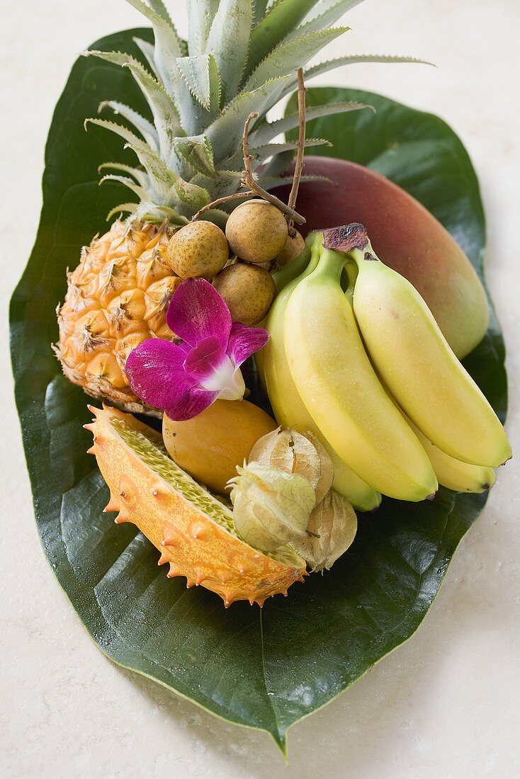 Exotic fruit on banana leaf