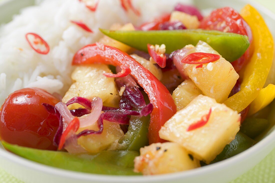 Fried vegetables with pineapple and rice (Asia)