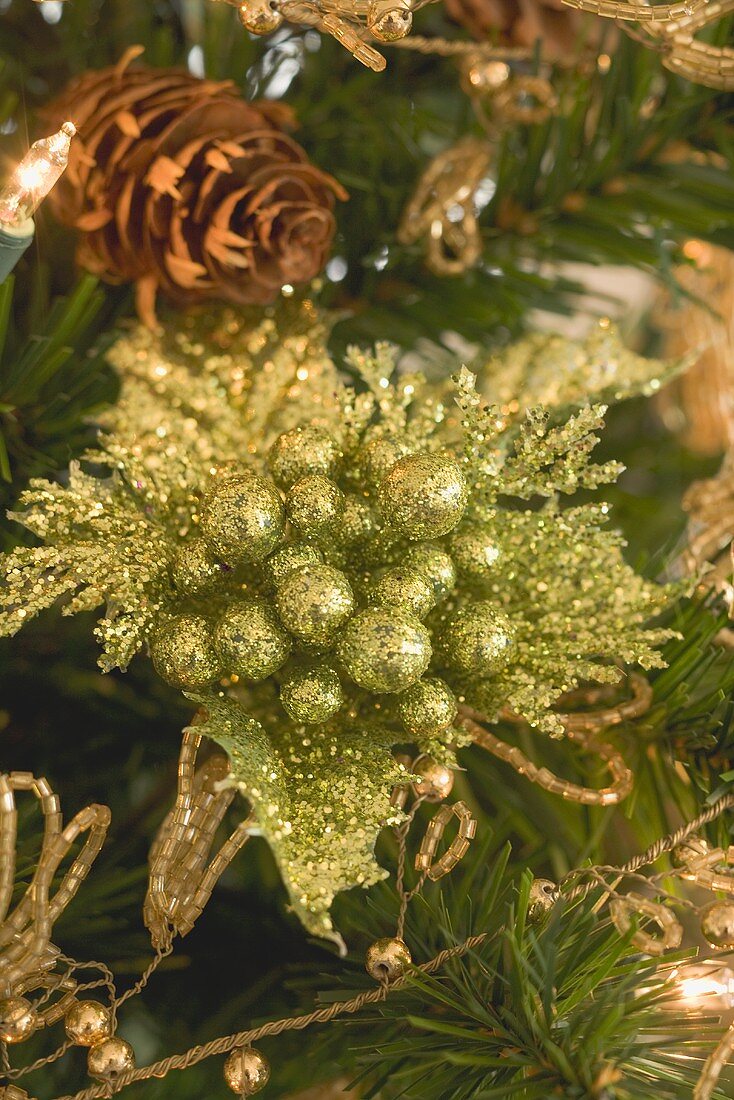 Christmas tree ornaments on artificial Christmas tree