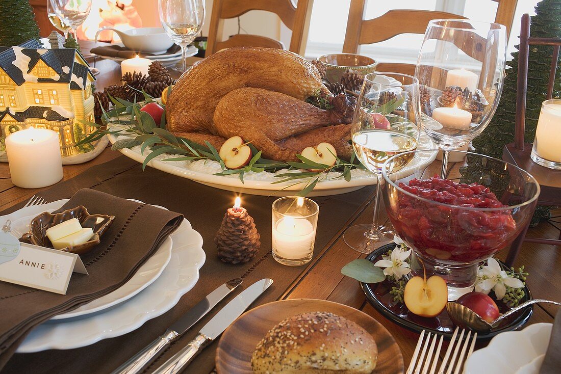 Roast turkey and cranberry sauce on Christmas table (USA)