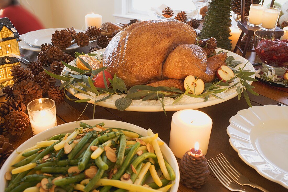 Turkey and beans with almonds on Christmas table (USA)