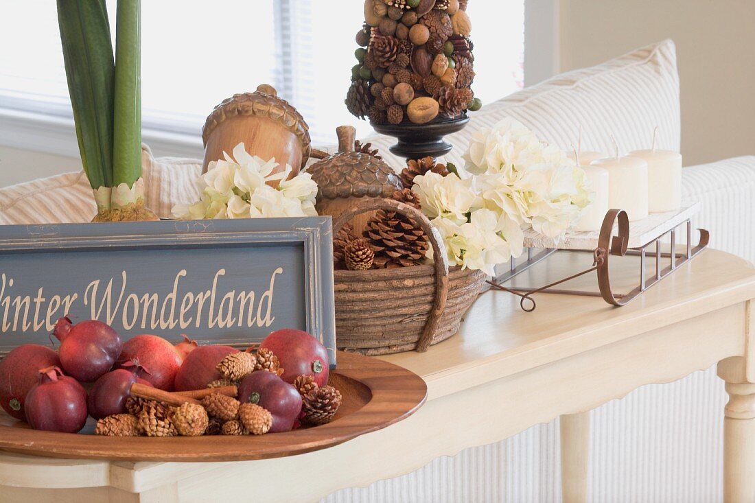 Christmas decorations on side table in living room