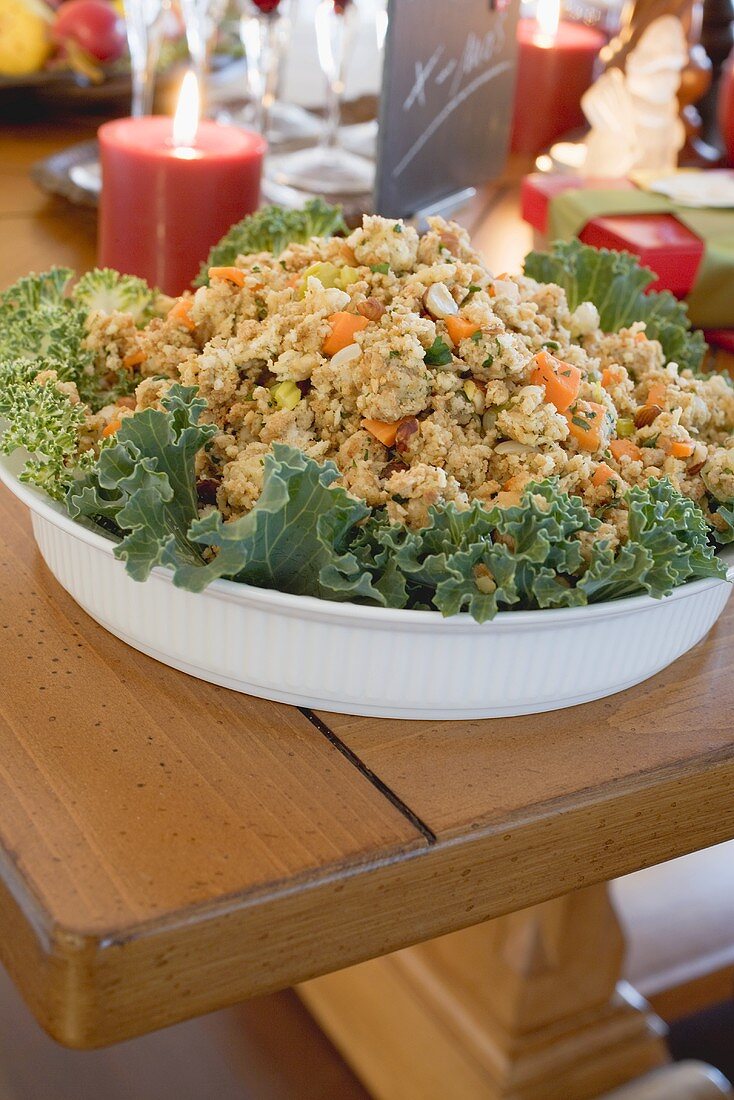 Bread stuffing on Christmas table (USA)