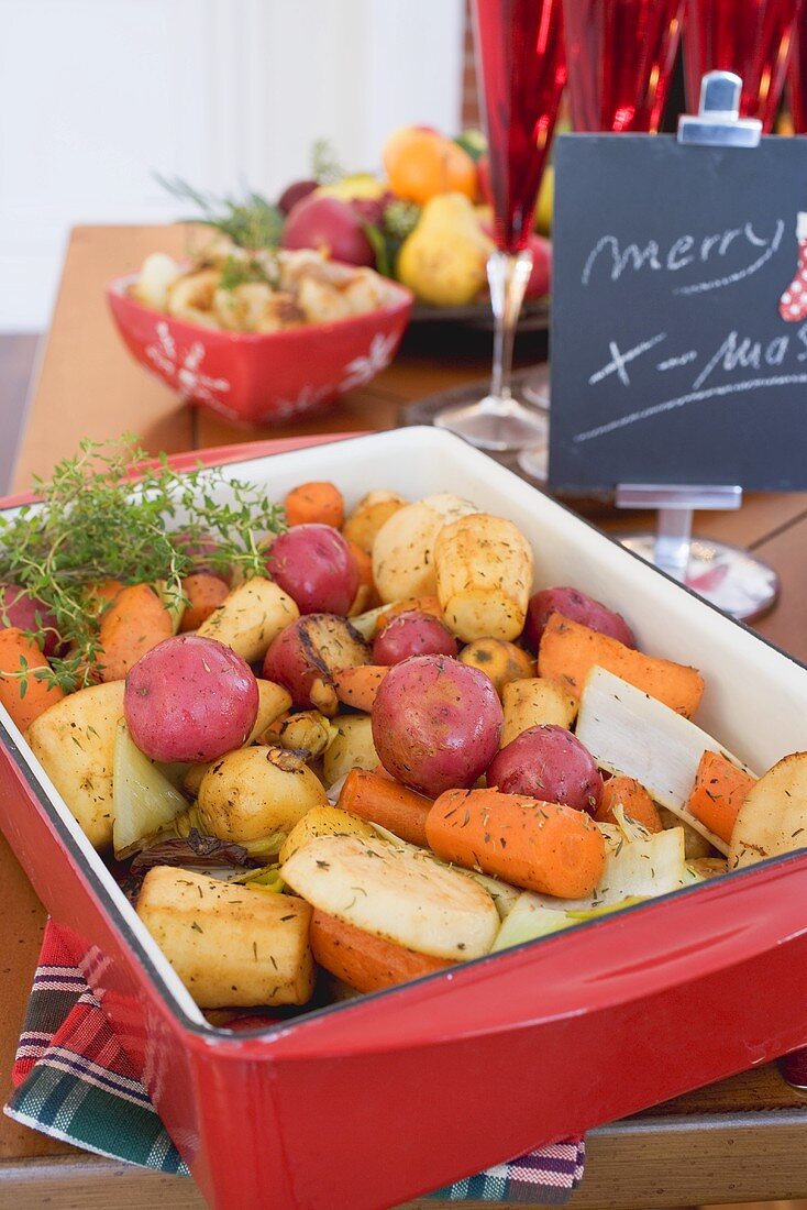 Roasted root vegetables on Christmas table (USA)