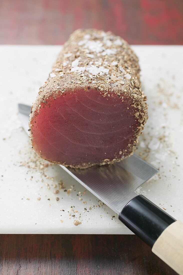 Raw tuna fillet with salt and pepper on knife