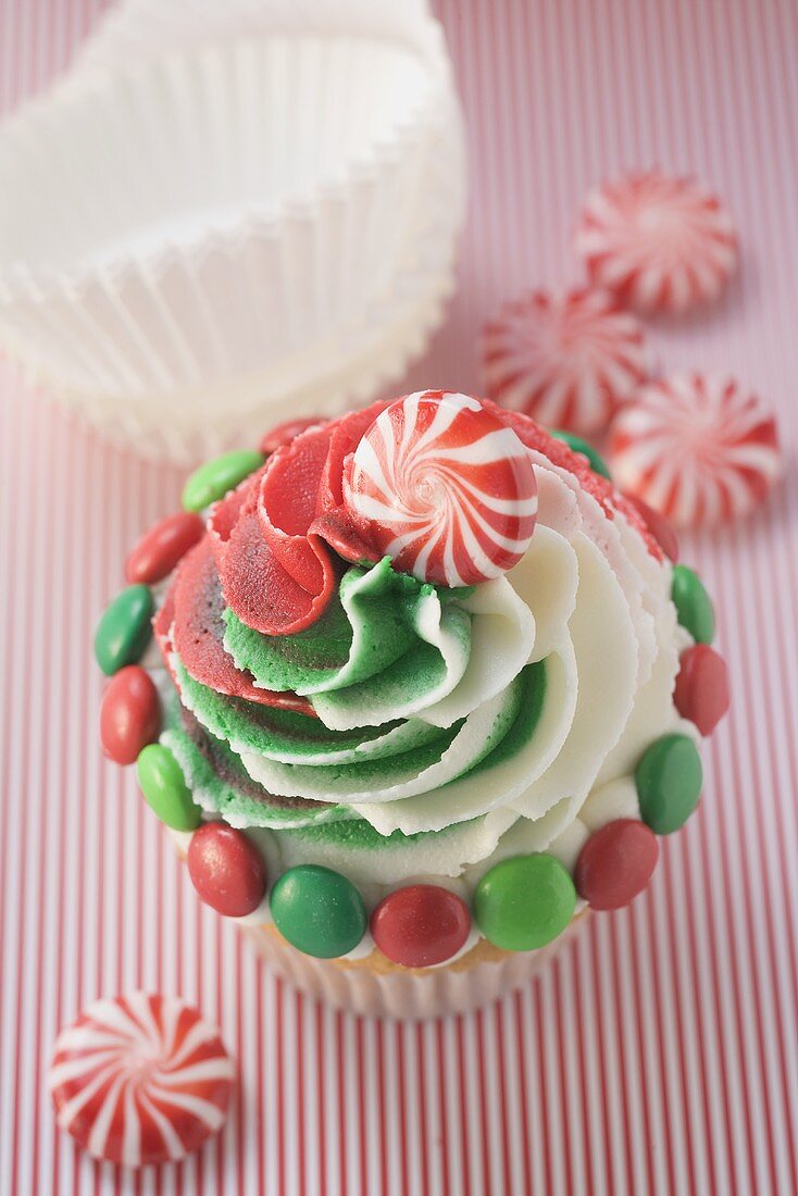Cupcake for Christmas with peppermints