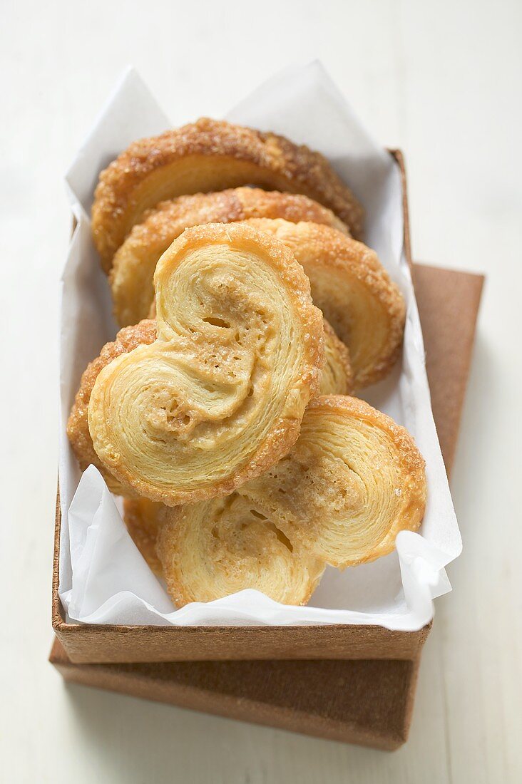 Palmiers (puff pastry biscuits) in box