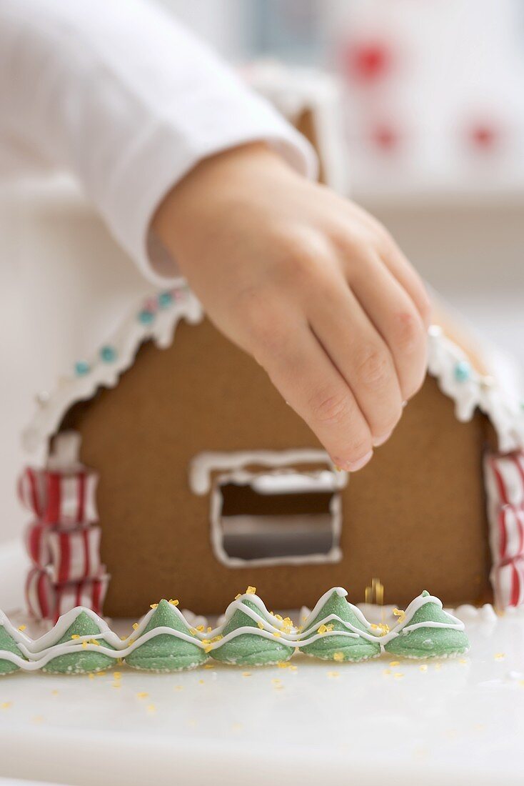 Child decorating gingerbread house