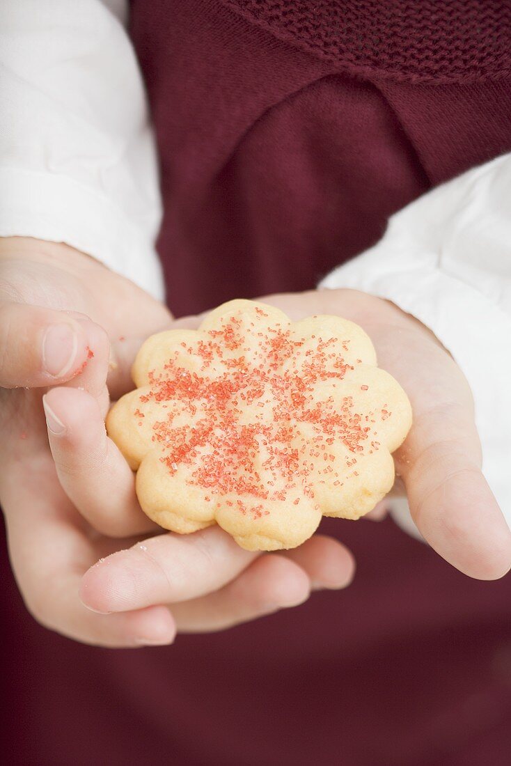 Kleines Mädchen hält ein Weihnachtsplätzchen