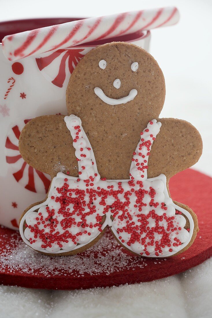 Gingerbread man, candy cane and festive cup